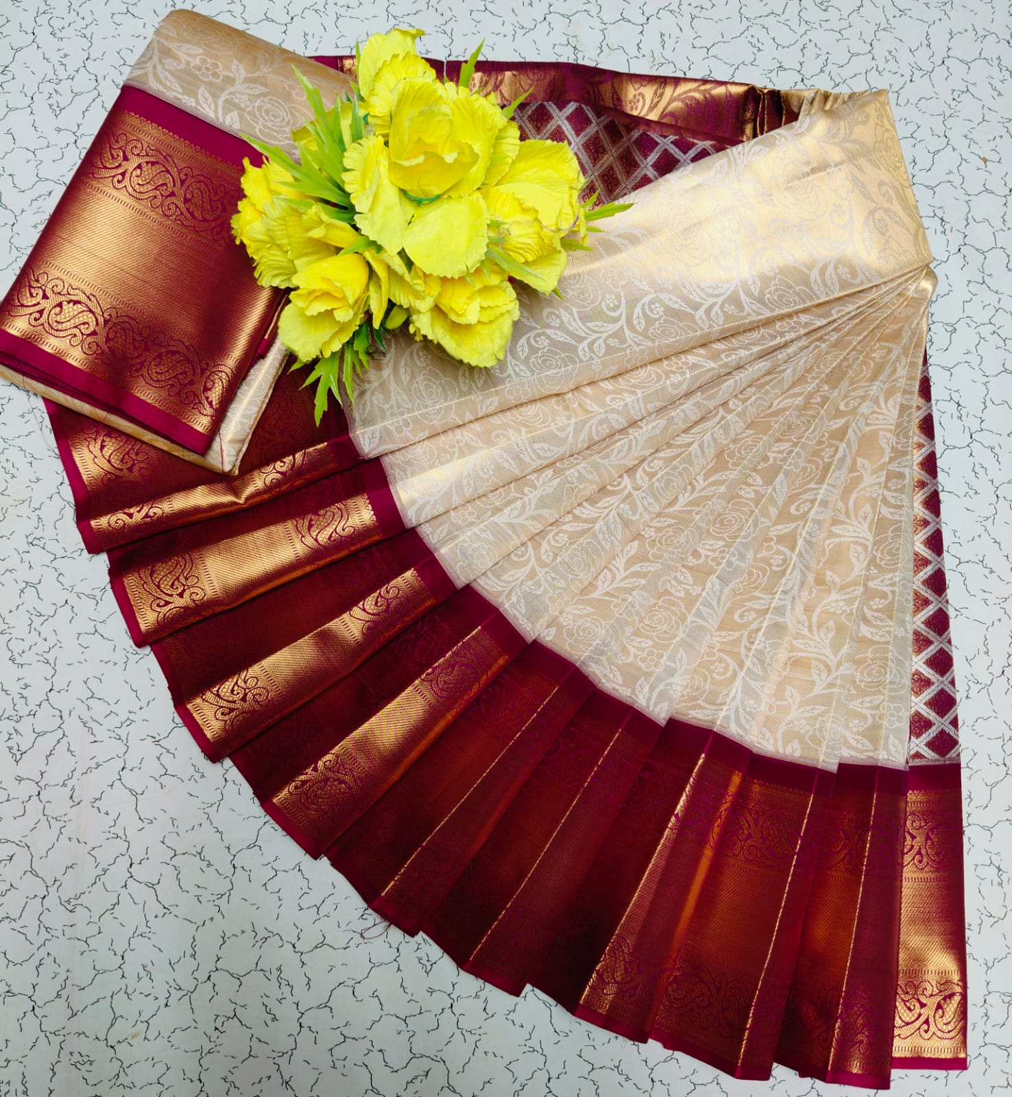 Cream White with Red Tissue Wedding Saree with Rich Zari Design